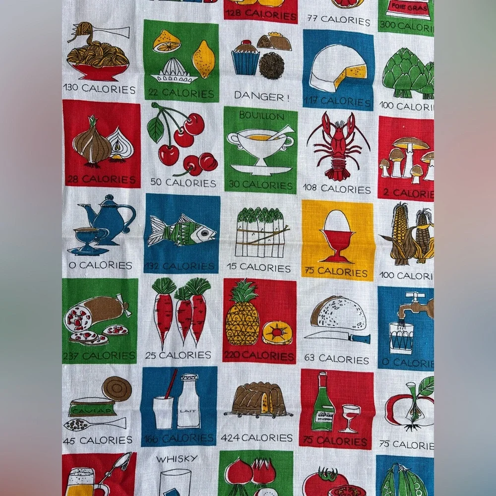 VTG KREIER 50s 60s Calories Linen Dish Tea Towel Kitsch Mid Century MCM 26.5x18”